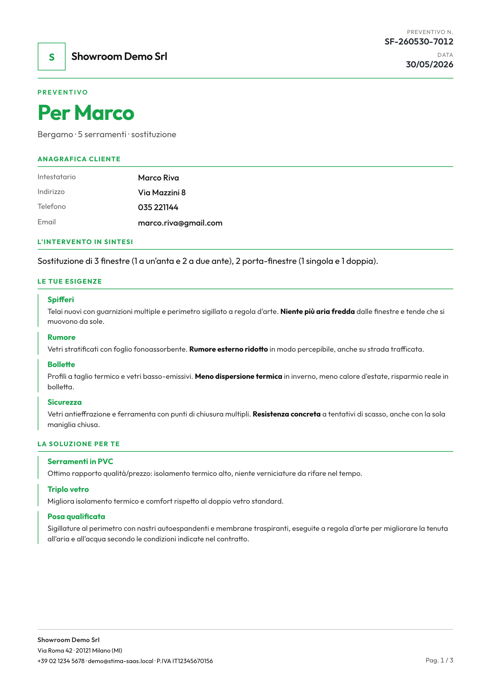 Esempio reale del preventivo generato da Sistema Finestra, brandizzato sui colori del cliente